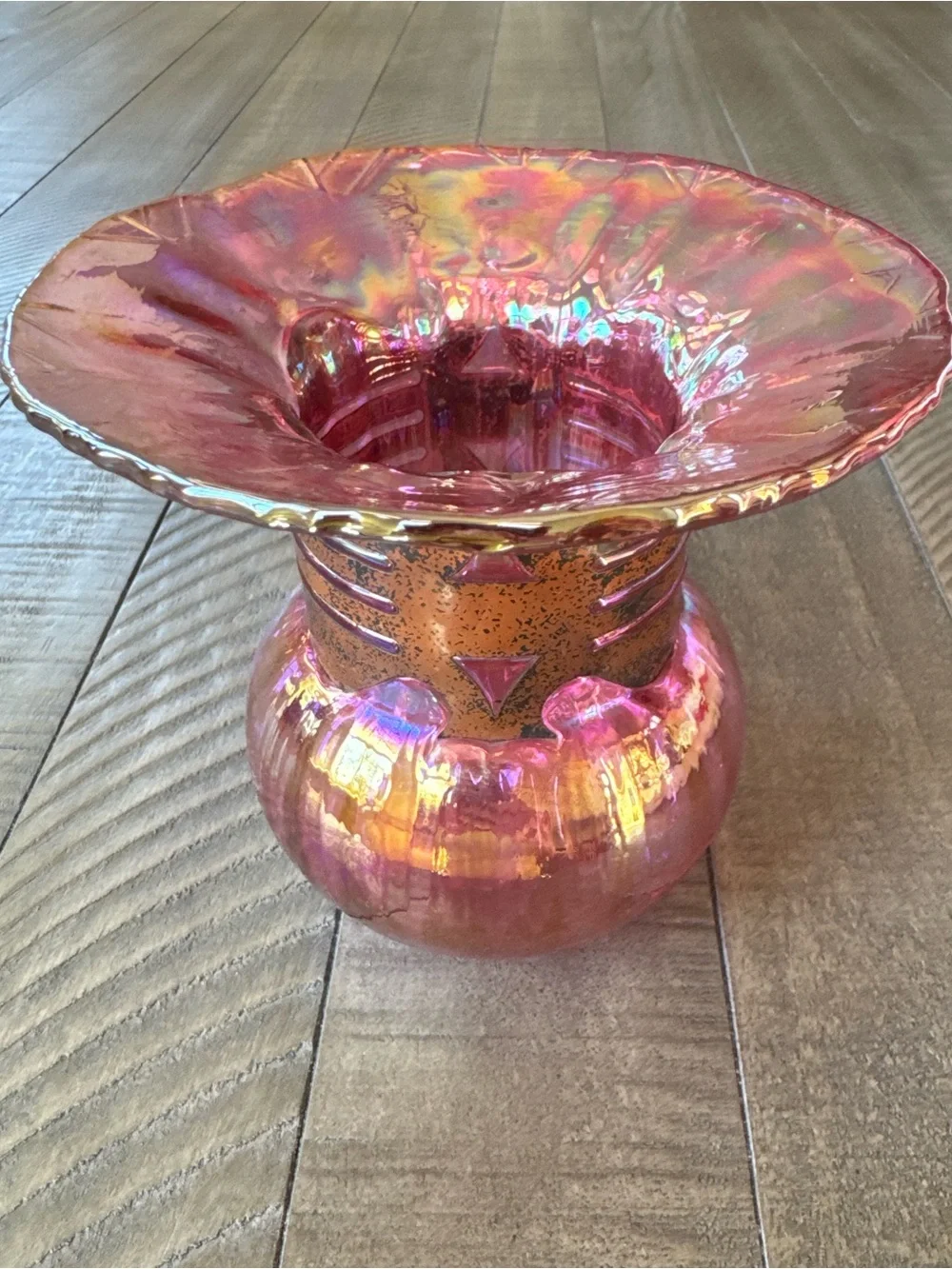 Vintage Silvestri Mouth-Blown Iridescent Pink/Purple Glass Vase W/Cage Neck Ring